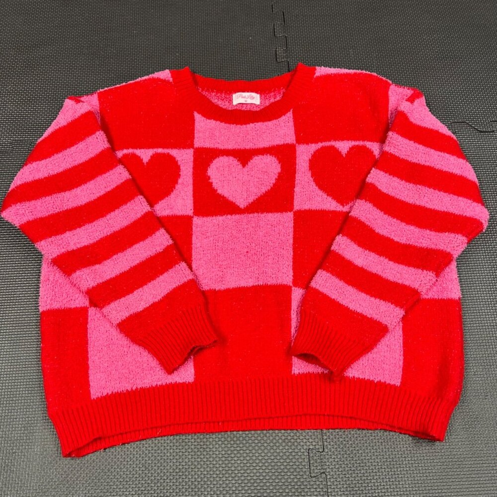 Pink Lily Womens Red & Pink Heart Checkered Sweater Size M